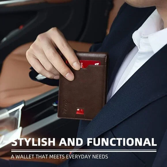 Men's Chocolate Premium Vegan Leather Wallet Slim Blocking Credit Card Design - Picture 6 of 8